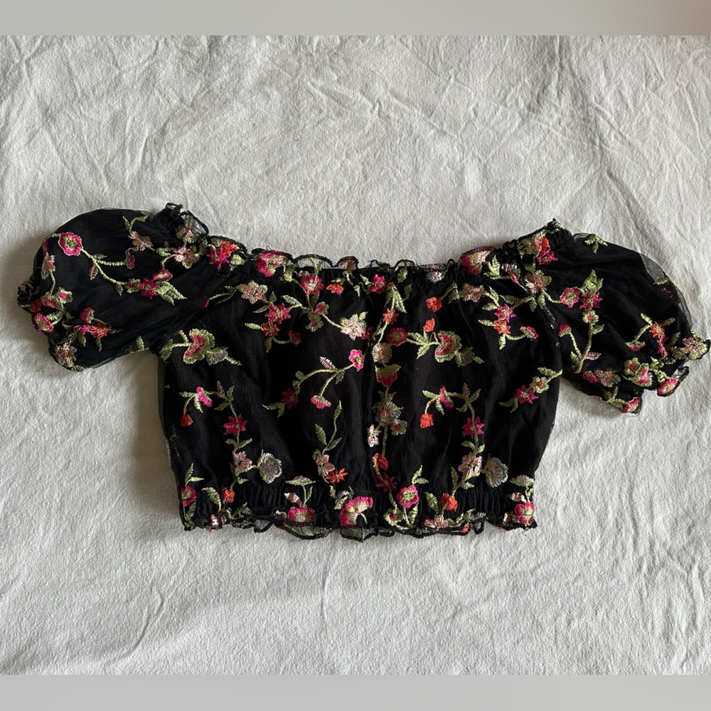 Black Floral Embroidered Off-Shoulder Crop Top